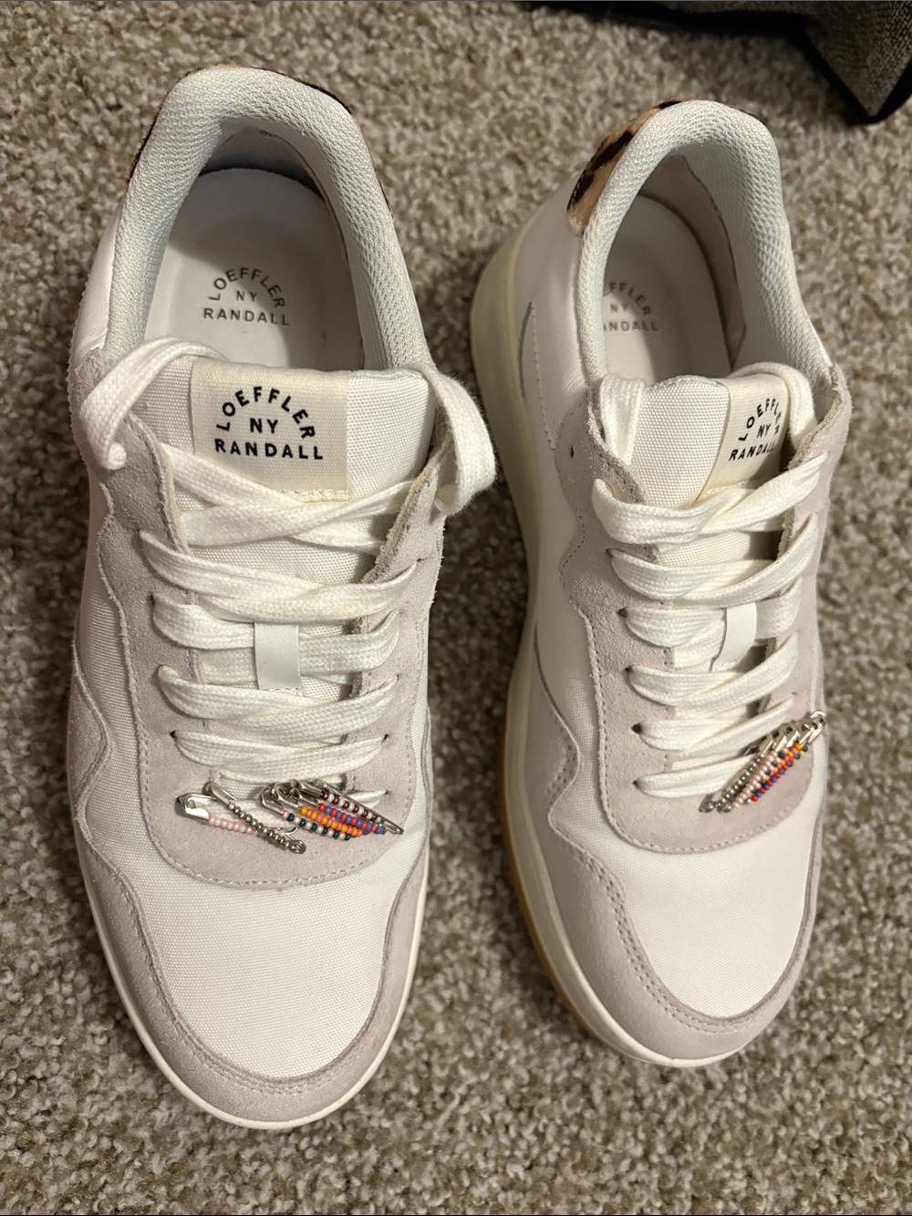 Loeffler Randall Cream & Beige Beaded Charm Sneakers